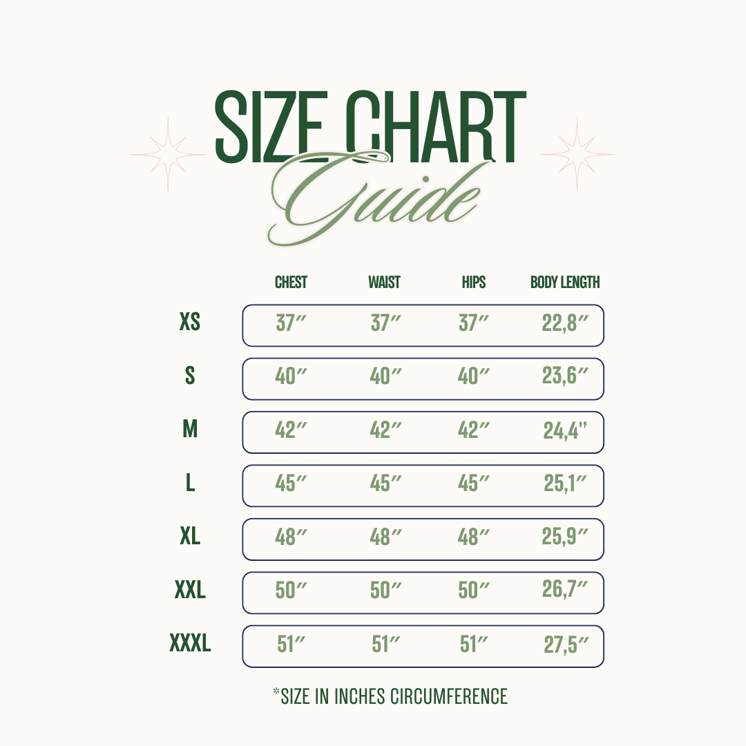 Size chart guide for clothing measurements on a white background