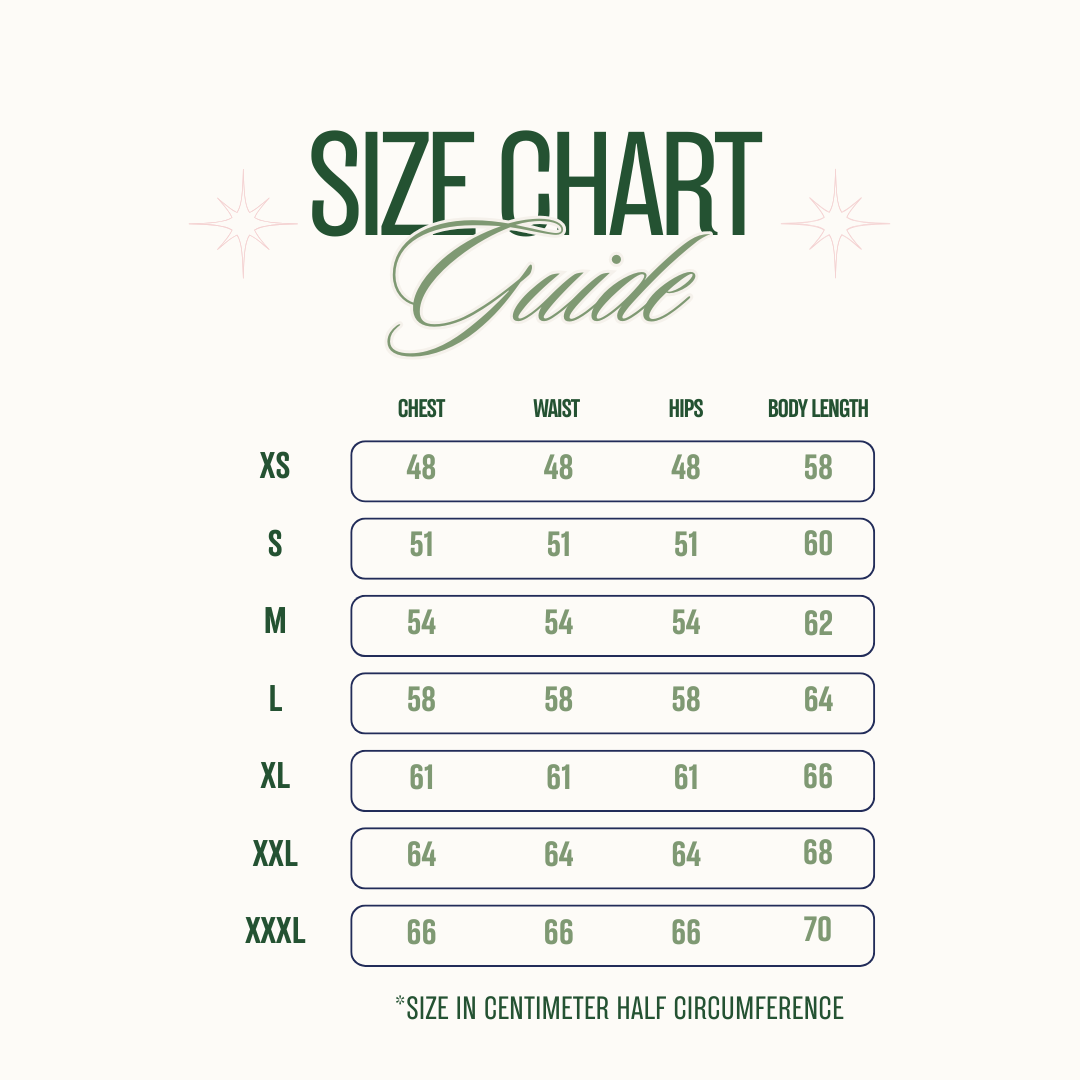 Size chart guide with measurements for chest, waist, hips, and body length.